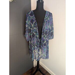 NWT Beverly Drive Chiffon Crinkle Topper Abstract Navy Print Swim Cover Up 16/18